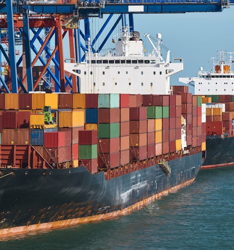 Containers on a vessel. Global market. Cargo shipping. International economy